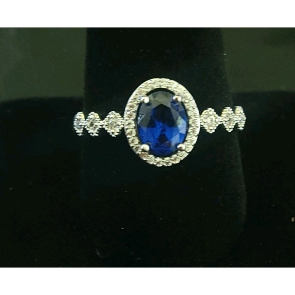 Silver Tone Blue Rhinestone Halo Statement Ring Size 11 V Mark